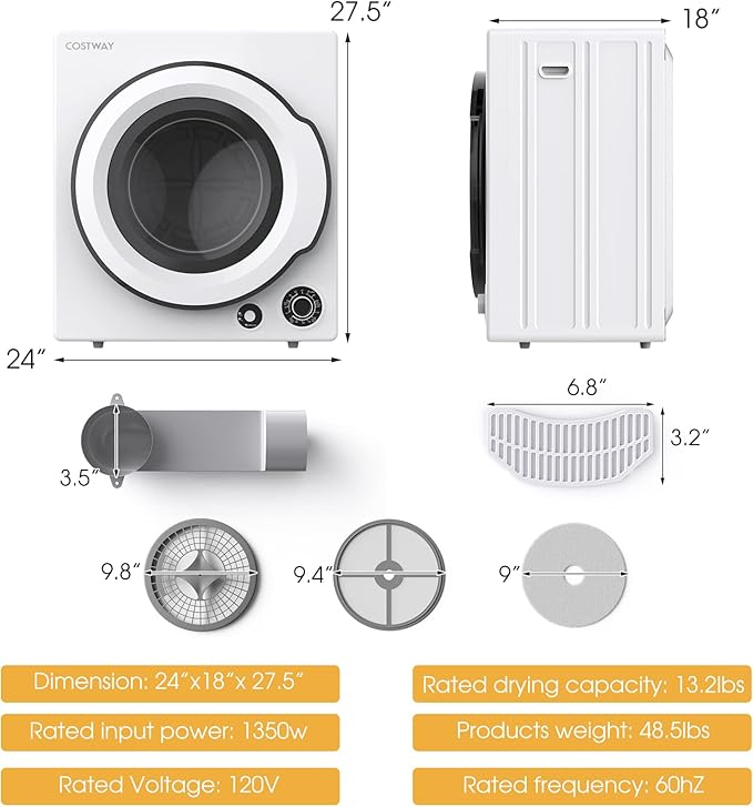 COSTWAY Portable Clothes Dryer, 13.2 LBS Front Load Compact Laundry Dryer with Stainless Steel Drum, 5 Drying Programs and Adjustable Exhaust Vent, Electric Tumble Laundry Dryer, 1350W, White