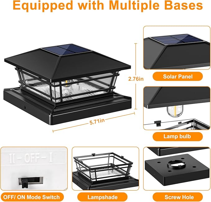 Solar Post Cap Lights Outdoor 12 Pack [LED Bulb, 2 Brightness Setting] Fence Post Solar Lights Waterproof for 4x4 5x5 or 5.5x5.5 Wood Posts, Warm Bright Bulb Lighting for Garden Deck Yard