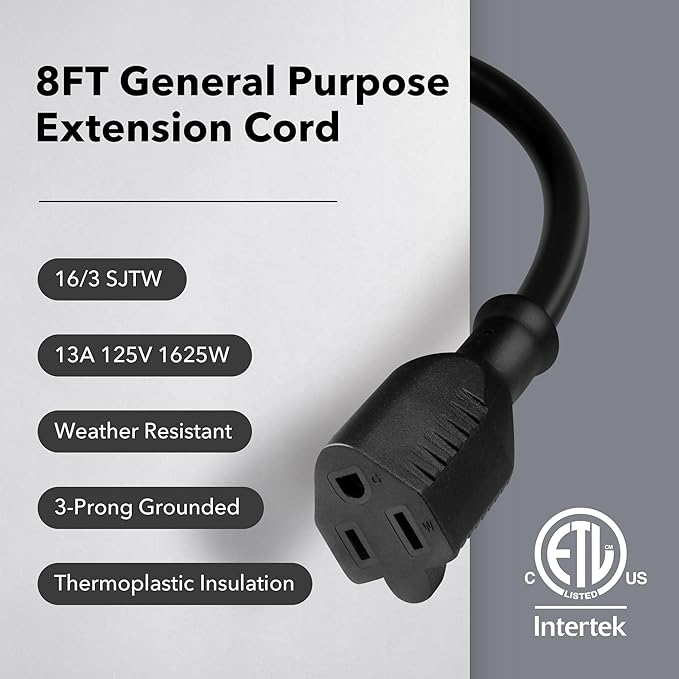 BN-LINK 8 ft Indoor/Outdoor Extension Cord 16/3 SJTW, Black, Water & Weather Resistant, 3-Prong Grounded Plug for Landscaping & Holiday Decorations, Home & Office, 13A ETL