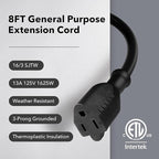 BN-LINK 8 ft Indoor/Outdoor Extension Cord 16/3 SJTW, Black, Water & Weather Resistant, 3-Prong Grounded Plug for Landscaping & Holiday Decorations, Home & Office, 13A ETL