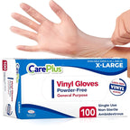 CARE PLUS Vinyl Gloves Clear Extra Large Size 100 Count | Heavy Duty, Non-Sterile, Powder-Free, Latex-Free Rubber | Food Prep, Kitchen & Cleaning Gloves, Ideal for Professional Use