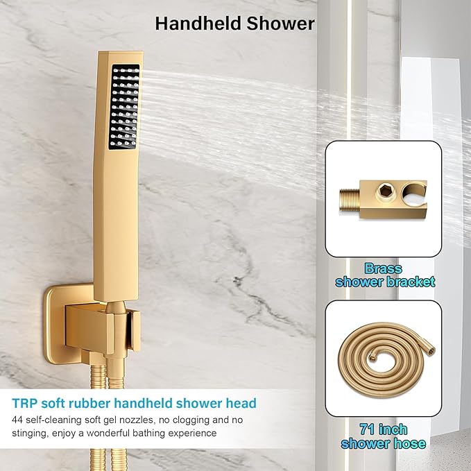 Gold Shower Faucet Set, Rainfall Shower System with Rain Shower Head and Handle Set, Wall Mounted Shower Fixtures, Full Metal Trim Repair Kit 12 inch Paint Gold (With Shower Valve)