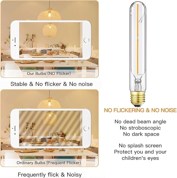 E26 Tubular LED Bulb 4W Equal 40 Watt Soft White 3000K Dimmable E26 Edison AC120V 400lm Tube T9 T10 LED Light Bulb for Rustic Pendant,Chandeliers,Wall sconces,6Pack
