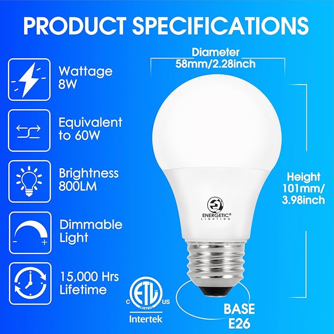 E ENERGETIC LIGHTING Dimmable LED Light Bulbs, 60W Equivalent, Warm White 3000K, 8-8.5W 800 Lumens LED Bulbs, E26 Base Standard Light Bulbs, ETL Listed, 20 Packs