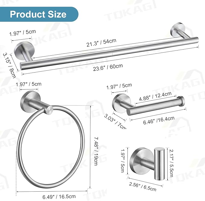 TQKAG Brushed Nickel Bathroom Hardware Set 6-Piece Bathroom Accessory Set 23.6 Inch Round Stainless Steel Towel Bar Set Wall Mounted