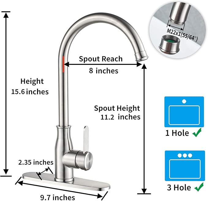 Single Handle Kitchen Faucet Stainless Steel Brushed Nickel，Modern High Arc Kitchen Sink Faucet, Commercial Bar Sink Faucet One Hole with Deck
