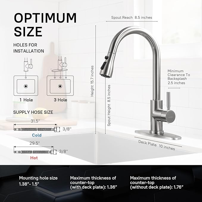 WEWE Single Handle High Arc Brushed Nickel Pull Out Kitchen Faucet,Single Level Stainless Steel Kitchen Sink Faucets with Pull Down Sprayer,Suitable for Laundry Rv Bar
