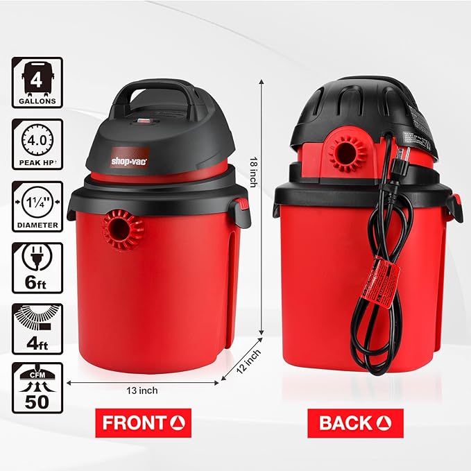 Shop-Vac 5890489 4 Gallon 4.0 Peak HP Wet/Dry Vacuum, 1.25 Inch Diameter x 4 Foot Hose, 6 Foot Cord, Ideal for Jobsite, Garage & Workshop