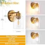 1-Light Gold Wall Sconce,Vanity Light, Modern Bathroom Light fixtures with Clear Glass Shade for Bedroom, Entrance, Hallway, Living Room Wall Mount Bathroom Mirror Fixtures (1PACK)
