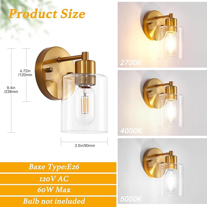1-Light Gold Wall Sconce,Vanity Light, Modern Bathroom Light fixtures with Clear Glass Shade for Bedroom, Entrance, Hallway, Living Room Wall Mount Bathroom Mirror Fixtures (1PACK)
