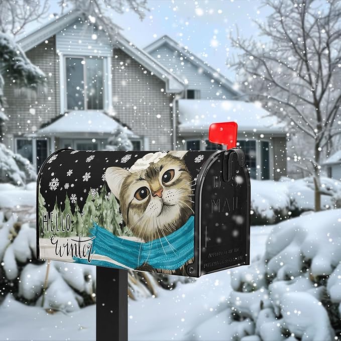 Hello Winter Cat Magnetic Mailbox Covers Large Size 25.5x21 Inch Snowflakes Pine Tree Post Box Mailbox Wraps Cute Cat Cover Oversized Outdoor Decor for Garden Yard