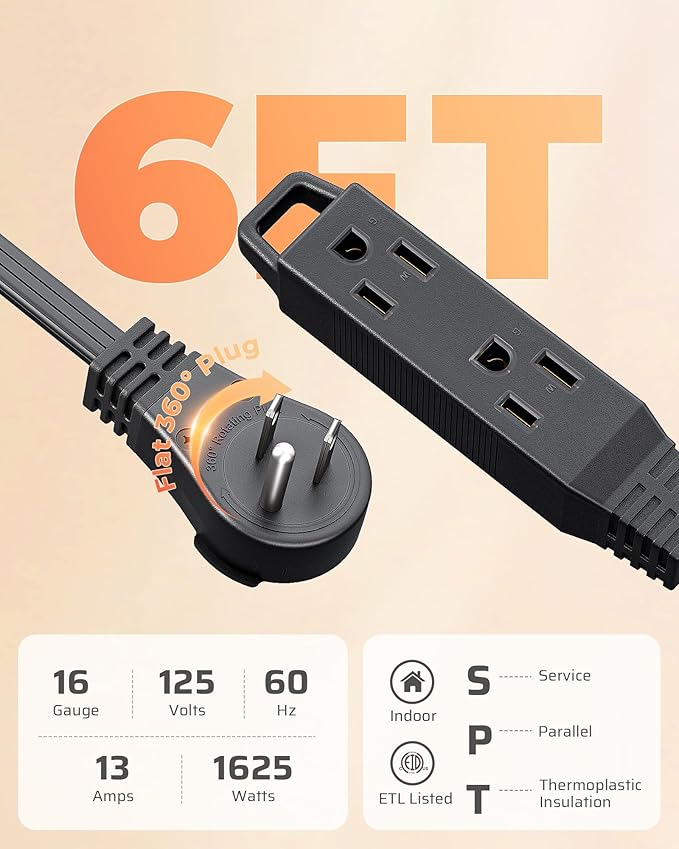 DEWENWILS 6FT Flat Plug Extension Cord, 360° Rotating Plug, 3 Prong Ultra Thin Power Strip, 13A/125V/1625W, 16 Awg Grounded Flat Power Cable for Indoor Narrow Space, SPT-3, ETL Listed, Black