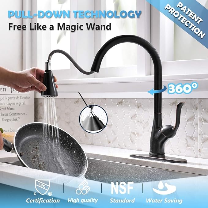 APPASO Matte Black Kitchen Faucet with Pull Down Sprayer and Soap Dispenser, Single Handle Commercial High Arc One Hole Pull Out Spray Head Kitchen Sink Faucets