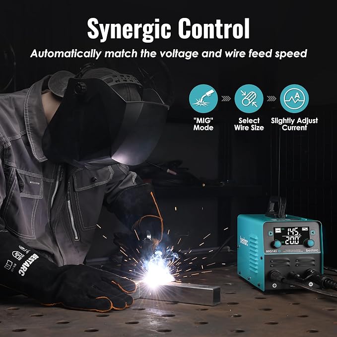 bestarc 145A MIG Welder, 110V/220V Gasless Flux Core MIG Welder/Lift TIG/Stick 3 in 1 Synergic MIG145 5GEN Welding Machine, Portable Flux Welder with Digital Screen Display