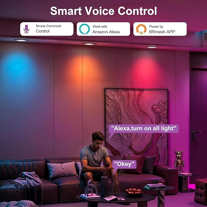 Smart Recessed Lighting 6 Inch RGBCW Color Changing 16W LED Downlights with Junction Box,1350 Lumen Canless Wafer Recessed Ceiling Lights Work with Alexa,Music Sync,DIY Scenes,Timer,23 Modes,4 Pack