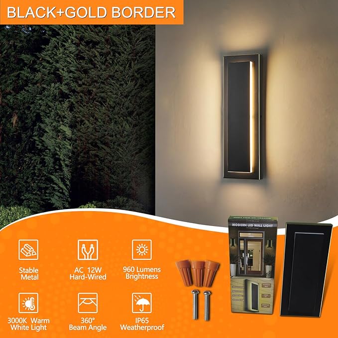 tewei 2 Pack LED Outdoor Wall Lights, 15.7'' Modern Outdoor Indoor Wall Sconce Large Exterior Lighting Fixtures Outside Front Door Lights for House, Hallway, Warm White 3000K, Black with Gold Finish