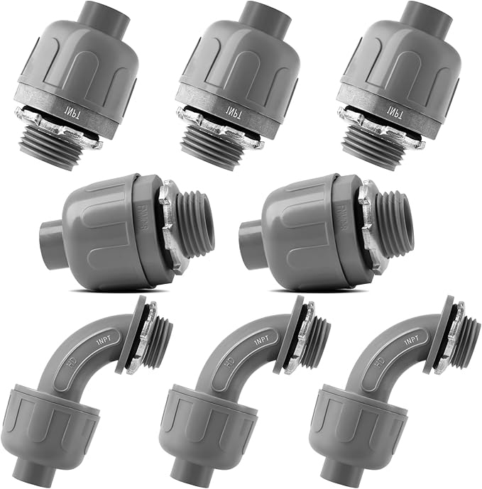 1 Inch Electrical Conduit Connector Kit,8-Pack Nonmetallic Plastic Liquid Tight Connector with 5 Straight,3 90 Degree Angle Fittings