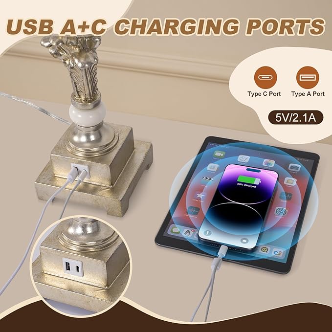 33'' Touch Control Table Lamp Set of 2, 3-Way Dimmable Buffet Lamps with USB A+C Ports and White Shade, Silver Leaf Finish Nightstand Lamps for Living Room Bedroom Office Study Dinning (Bulb Included)