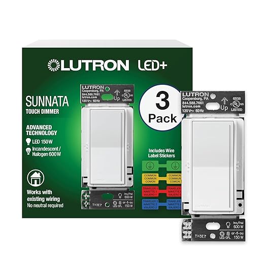Lutron Sunnata Touch Dimmer Switch, LED+ Advanced Technology for LED and Incandescent, 3 Way/Multi Location, STCL-153MS-WH-3, White (3-Pack)
