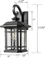 Exterior Wall Sconce, Outdoor Waterproof Wall Mount Light Fixture, E26 Socket Anti-Rust Matte Black Finish Outdoor Lighting Fixture,Outside Lantern Lamp with Seeded Glass (Black, 15.96 Inch Height)