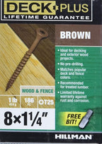 Deck Plus 1-1/4 Inch Epoxy Coated Exterior Wood and Fence Screws #8 x 1-1/4" Torx/Star Drive Included Coarse Thread, Outdoor Rust Resistant Decking Screw, Brown, 1lb Box, 186 Pieces | 49000