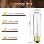 6 Pack T10 Tubular Light Bulbs, 25W Bulb, Clear Incandescent, E26 Medium Base, Warm White, Dimmable Vintage Tubular Style Showcase Bulb