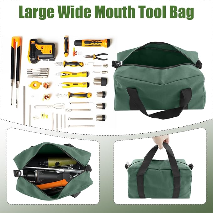 Small Tool Bag,Close Top Wide Mouth Tool Organizer Bag,Large Capacity Tool Bags for Men,Canvas Tool Storage Bag for Storage Handbag for Screwdrivers,Wrench,Pliers Hand Tools (DarkGreen, 20 Inch)