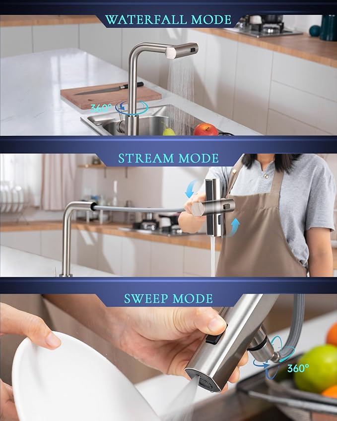 APPASO Touchless Kitchen Faucet with Pull Down Sprayer, Waterfall Motion Sensor Kitchen Sink Faucet Touchless, Brushed Nickel Stainless Steel Single Handle Hands-Free Sink Faucet