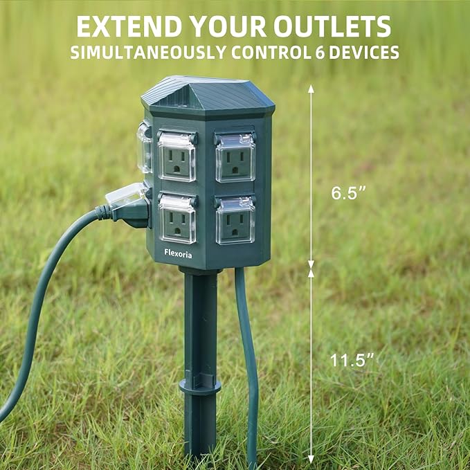 Flexora Outdoor Power Strip with 24-Hour Mechanical Timer, 100 FT Extension Cord Waterproof, 6 Grounded Outlets for Outdoor Christmas Decorations, ETL Listed