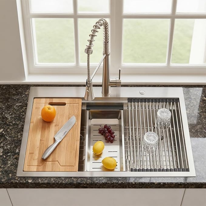 SHACO 33x22 Inch Drop In Kitchen Sink, 33 Inch All In One SUS304 Stainless Steel Top Mount Single Bowl Overmount Double Ledges Workstation Sink with Accessories, Brushed Nickel