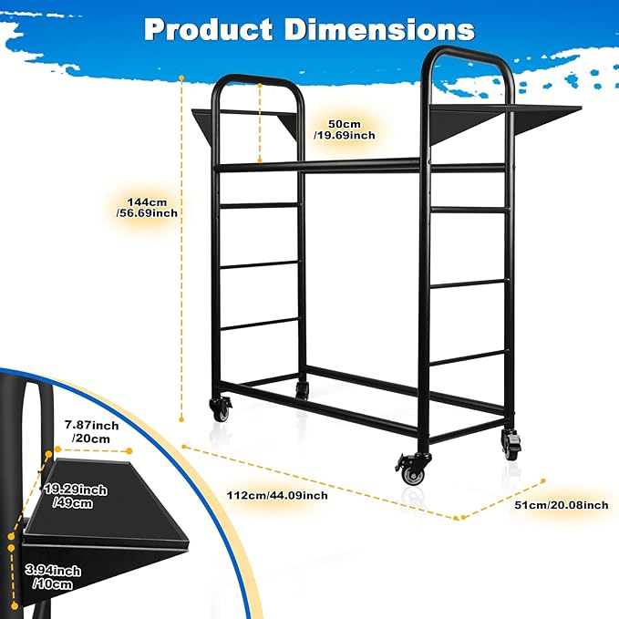Tire Rack, 59 x 57 x 20 Inches Garage Tire Storage Stand with Storage Tray 218KG/480LBS Capacity, 2 Storage Shelf & 4 Swivel Casters Rolling Tire Storage Rack, Black