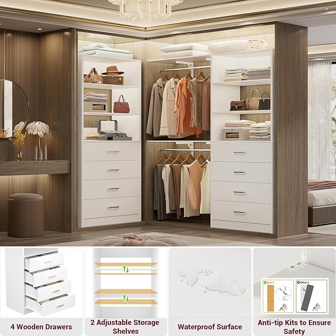 Aheaplus Closet Drawers Organizer System, 21.3" Wood Closet System with 4 Drawers, Modular Walk-in Closets Storage Unit, Tall Bookshelf Storage Cabinet, White22