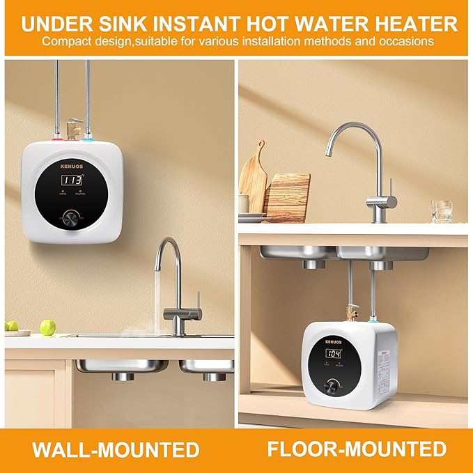 Mini Tank Water Heater Electric 2.5 Gallon Under Sink Instant Hot Water Heater with LED Dsiplay,T&P Valve,3-Way Diverter,110V 120V Point Of Use Water Heaters for Kitchen RV Bathroom White