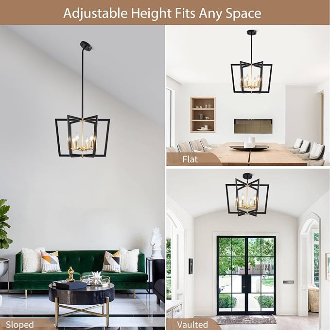 Modern Black Gold Chandelier 6-Light Farmhouse Geometric Pendant Lighting Fixture for Dining Room Living Room Kitchen Island Entryway Bedroom Office, 20" Ceiling Hanging Lamp