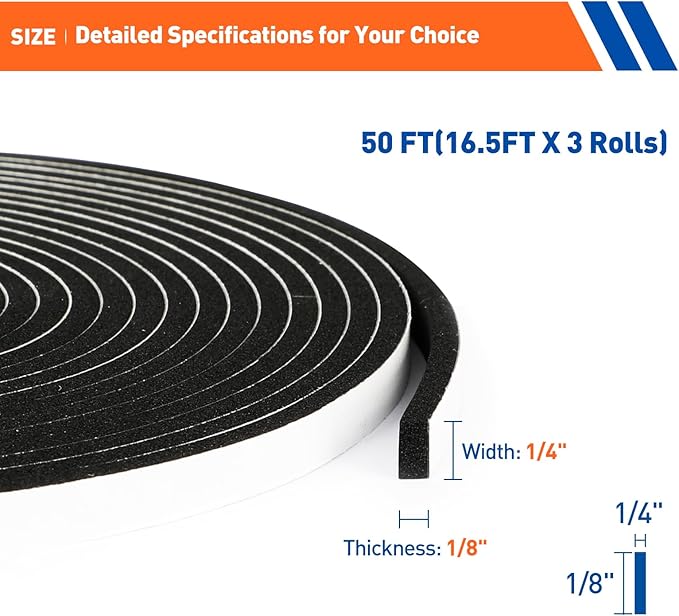 MAGZO Weather Stripping Door Seal, 1/4 Inch Wide X 1/8 Inch Thick Adhesive Foam Tape Soundproof Weatherstripping for Windows, 3 Rolls Total 50FT Black