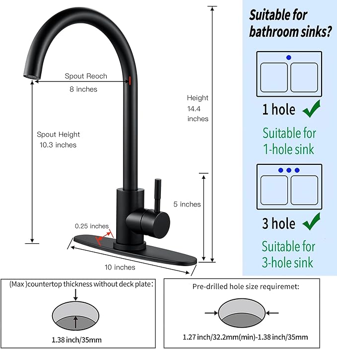 Single Handle High Arc Matte Black Kitchen Faucet Stainless Steel Commercial Single Hole Kitchen Sink Faucet, Modern One Hole Bar Sink Faucet with Deck Plate