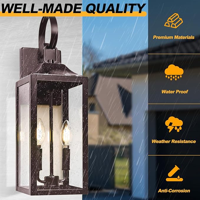 19" Oil Rubbed Bronze Outdoor Wall Lantern 2-Light, Large Modern Wall Sconce Light Fixture, Brown Porch Light with Glass, Waterproof Farmhouse Exterior Lamp Lighting