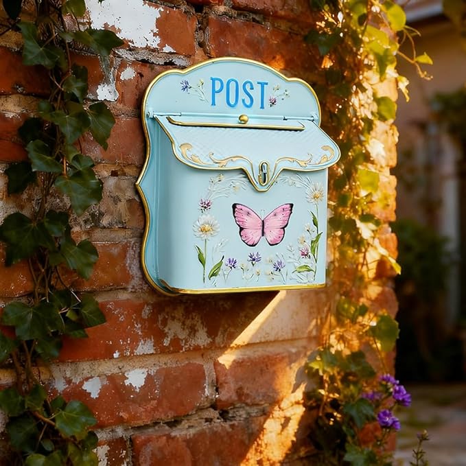 Mailbox Wall Mount Mailboxes for Outside Vintage Mail Boxes for House Outside Metal Drop Box Antique Style Nostalgic Charm Home Decorative Butterfly Blue