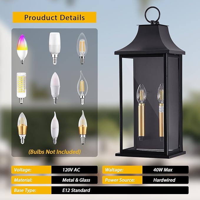 21In Large Dusk to Dawn Outdoor Wall Lights Fixture, 2-Light Black Gold Exterior Lighting Fixtures, Weather Resistant Patio Wall Light Fixture for Porch, Garage, Entrance, Backyard E12 Base