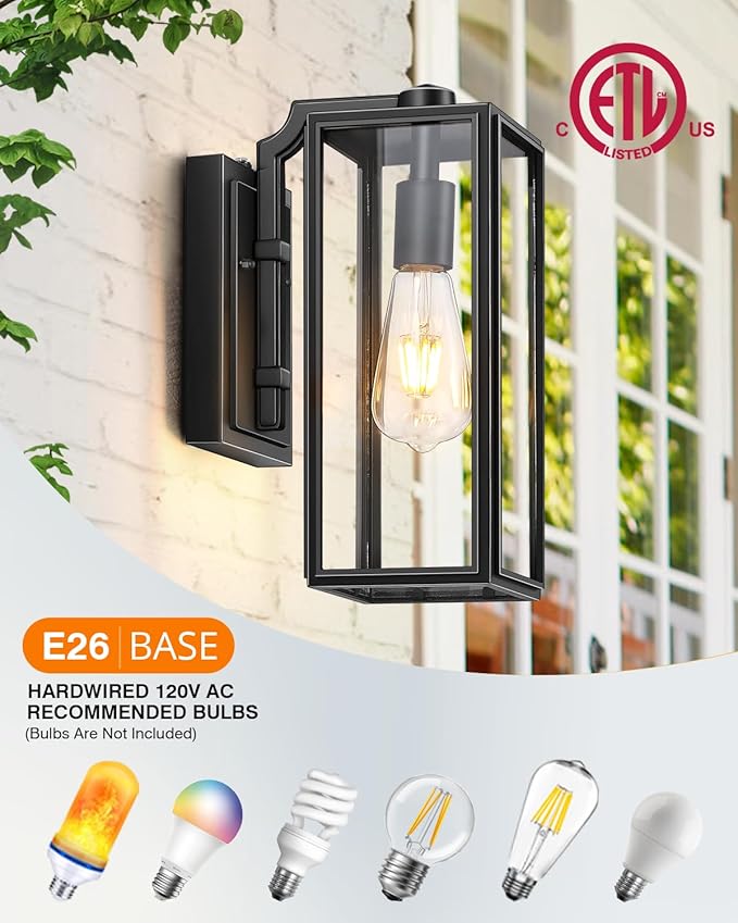 VIANIS Outdoor Wall Light Fixtures,Dusk to Dawn Outdoor Wall Lanterns,Anti-Rust Wall Mounted Lighting with Glass Shade, Black Wall Lamp with E26 Socket for Porch, 2 Pack