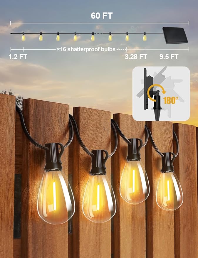 Tenmiro 60FT Solar String Lights Outdoor with Remote and 16+2 LED Shatterproof Bulbs Dimmable & Timing 3 Light Modes Solar Patio String Lights for Cafe, Garden, Deck, Outside Wedding Last for 10+Hrs