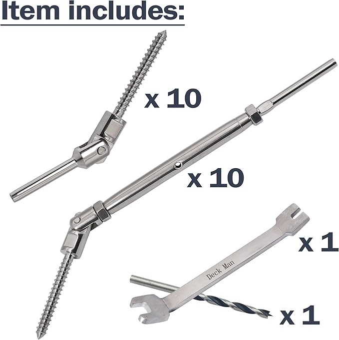 1/8 inch T316 Stainless Steel Adjustable Angle Single-Screw Cable Railing Kit/Hardware for Wood Posts，Marine Grade (10 Pairs)