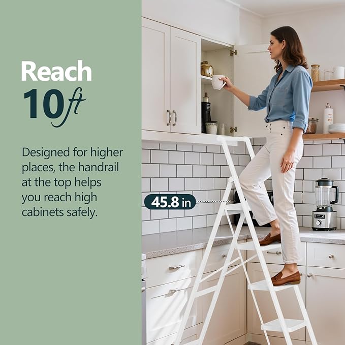 WOA WOA 5 Step Ladder, Foldable Ladder with Wide Pedals and Handle, Sturdy Ladders for Home and Kitchen with Anti-Slip Feet, Supports up to 330 lbs - White