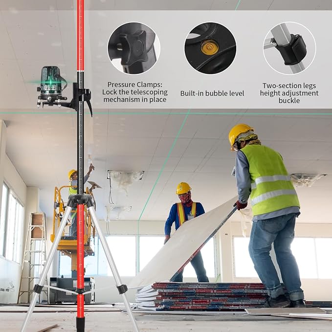 12Ft/3.7M Professional Telescoping Laser Level Pole with Tripod & Universal Mount - 1/4”-20 & 5/8”-11 Adapters | Adjustable Laser Pole Mount for Rotary/Line Lasers(Black&Red)