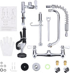 25" Height Commercial Faucet Wall Mount with Sprayer 8" Adjustable Center 9.6" Swing Spout, Kitchen Sink Faucet with Pull Down Pre-Rinse Sprayer for Restaurant Industrial Kitchen, Chrome