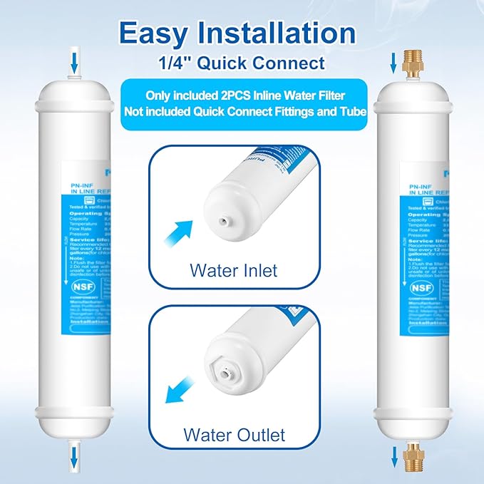 Inline Water Filter for Refrigerator and Ice Maker(2 Pack),1/4" Push Connect Post Carbon Filter Replacement for Reverse Osmosis Water System