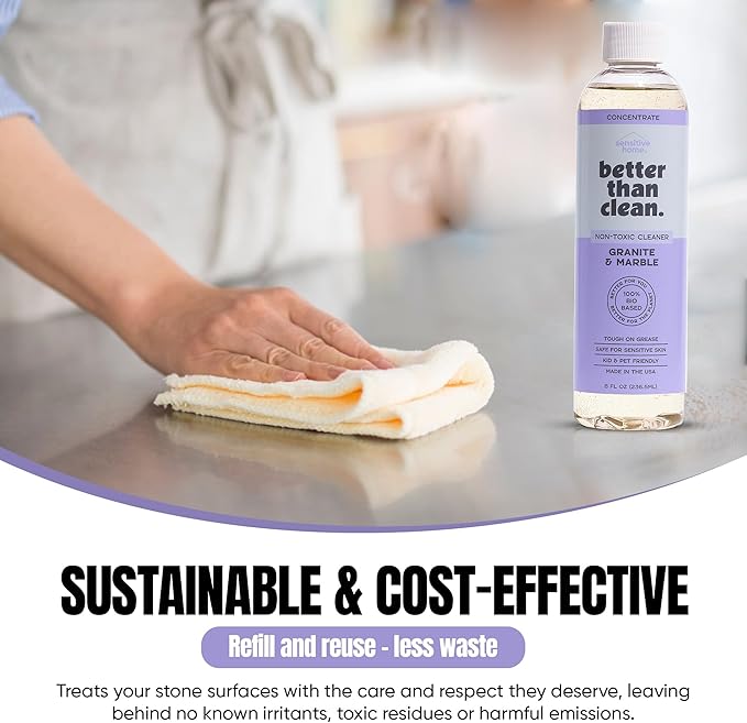 Marble & Granite Cleaner Concentrate - Plant-Based, Non-Toxic, Fragrance Free Cleaning Products - Slate, Marble, and Natural Stone Cleaner, – 8oz Makes 4 Bottles