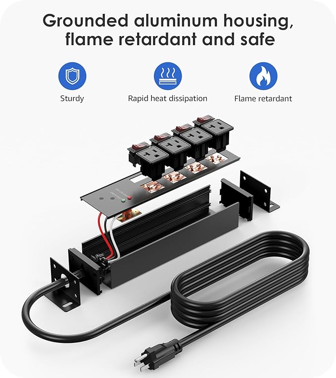 CCCEI Heavy Duty Surge Protector Power Strip 20 Amp Individual Switches. 20FT 12 Gauge Extension Cord with Multiple Outlets. Kitchen, Garage, Shop, Industrial Wall Mount Electric Extender, Black.