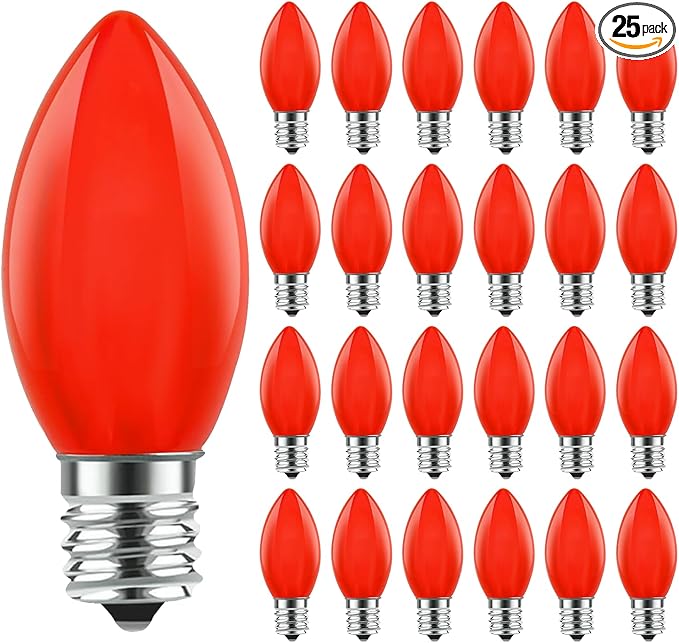 25 Pack C9 Red Replacement Bulbs, C9 Christmas Lights Red Ceramic Incandescent Bulbs for Vintage Christmas Lights Indoor and Outdoor Decorations, E17 Candelabra Base, 7 Watts Night Light Bulbs