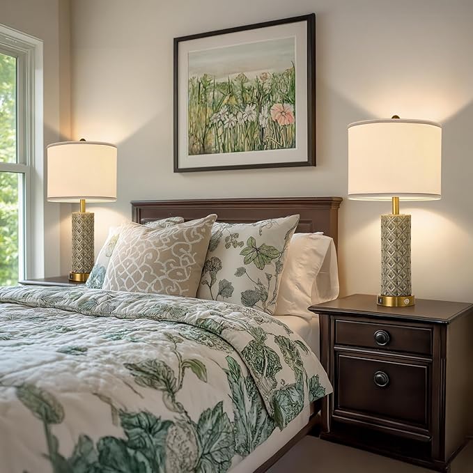 Set of 2 Table Lamp for Living Room Bedroom Farmhouse,26'' Touch Control Bedroom Smoke Grey Ceramic Lamps 3-Way Dimmable Bedside Lamps with USB A+C Ports Linen Shade for Home